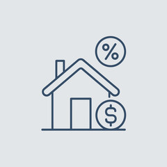 An illustration showing a house, a percentage symbol, and a dollar sign, representing home loans, mortgage rates, and an affordable housing concept in finance.