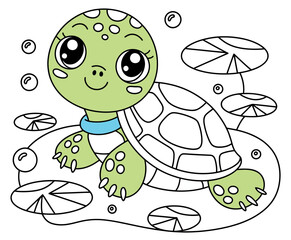 Obraz premium A charming illustration of a turtle swimming amidst water lilies, capturing the essence of tranquility and harmony in nature's aquatic landscapes.