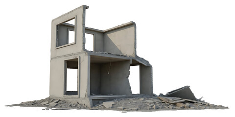 Ruined two-story concrete building with debris and broken walls on a white background destroyed house Cutout PNG isolated on a transparent background
