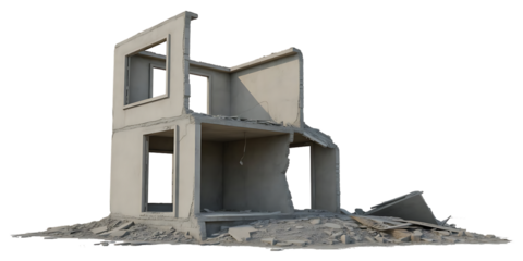 Ruined two-story concrete building with debris and broken walls on a white background destroyed house Cutout PNG isolated on a transparent background