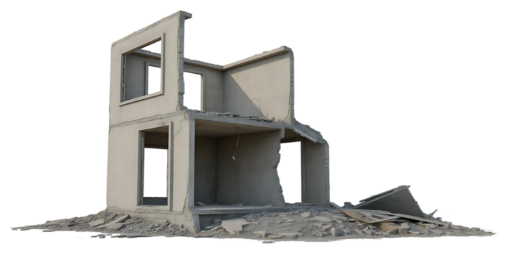 Ruined two-story concrete building with debris and broken walls on a white background destroyed house Cutout PNG isolated on a transparent background