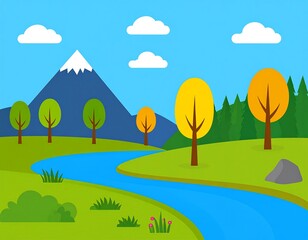 Colorful landscape scene with mountains, trees, and a river