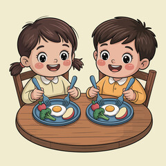 This cheerful image depicts two children sitting at a table, delightedly enjoying a wholesome breakfast featuring eggs, fruits, and vegetables, fostering healthy eating habits.