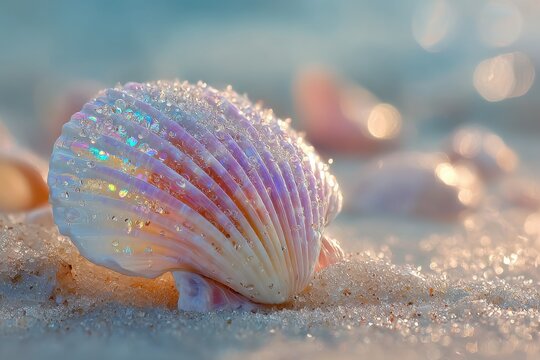 A captivating close-up of a seashell adorned with shimmering dewdrops, resting gently on a sandy beach, bathed in soft, pastel light, radiating peace and tranquility.