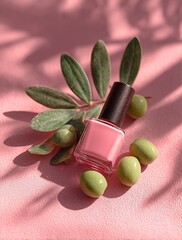 A bottle of pink nail polish alongside olives and leaves. Great for beauty, nail art, or natural cosmetics themes, fitting for beauty blogs, product ads, and lifestyle content.