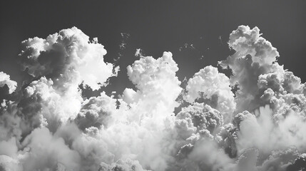 Monochromatic cloudscape featuring fluffy cumulus clouds against a dark sky, creating a dramatic and serene atmosphere, showcasing natures beauty