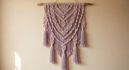 Elegant handmade macrame wall hanging with boho style and soft neutral tones.