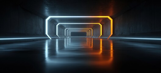 A tunnel with glowing blue and orange neon frames. Great for sci - fi designs, tech presentations, or adding a futuristic vibe to digital art and game backgrounds.