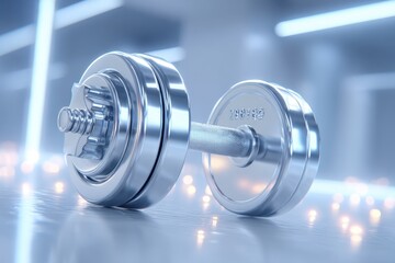 Obraz premium A shiny silver dumbbell on a smooth reflective surface in a bright, modern gym setting, symbolizing fitness, strength and the pursuit of healthy living.