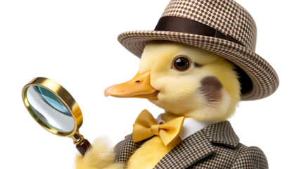 Anthropomorphic Duckling Detective Wearing a Hat and Bowtie Holding a Magnifying Glass animal investigator Cutout PNG isolated on a transparent background