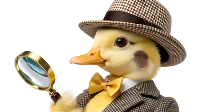 Anthropomorphic Duckling Detective Wearing a Hat and Bowtie Holding a Magnifying Glass animal investigator Cutout PNG isolated on a transparent background