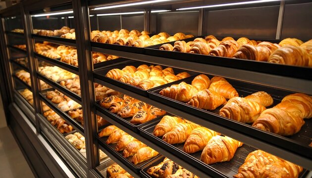 Freshly baked pastries displayed in a bakery case - Powered by Adobe