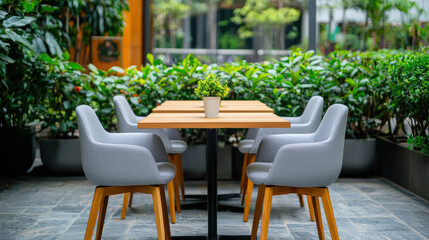 Fototapeta premium Modern outdoor dining table with gray chairs, wooden tabletop, and green plants creates fresh, inviting atmosphere for social gatherings