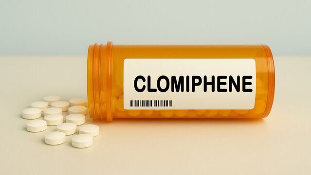 Box of CLOMIPHENE tablets on a hospital pharmacy table used to treat infertility a selective estrogen receptor modulator.