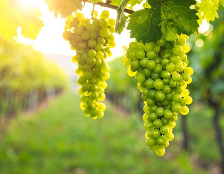 Clusters of green grapes hanging from vines in a vineyard at sunset