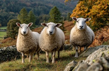 Fototapeta premium Sheep in a rural autumn landscape, suitable for agricultural content, rural tourism promotion, and animal-related design projects.
