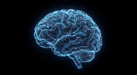 A luminous digital brain with an active neural network, symbolizing artificial intelligence and advanced technological concepts