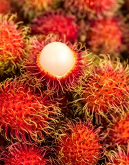 Close-up of rambutan fruit, red fuzzy skin, white flesh