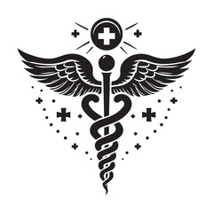 Black Caduceus Medical Symbol with Wings and Crosses on White Background healthcare medicine