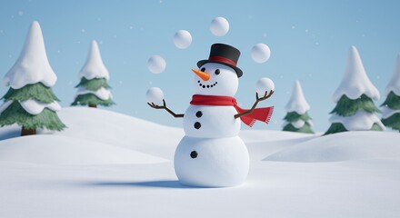 Smiling snowman juggling snowballs winter scene