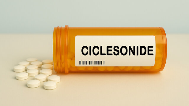 Box of CICLESONIDE tablets on a hospital pharmacy table used to treat asthma a corticosteroid.