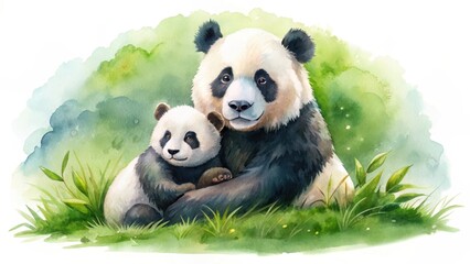 Naklejka premium A tender moment captured in watercolor a mother panda embraces her cub amidst lush green foliage, symbolizing the enduring bond of family in nature's embrace.