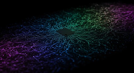 A central processor acting as the core of a glowing, multicolored neural network, illustrating concepts of AI, deep learning, and futuristic technology