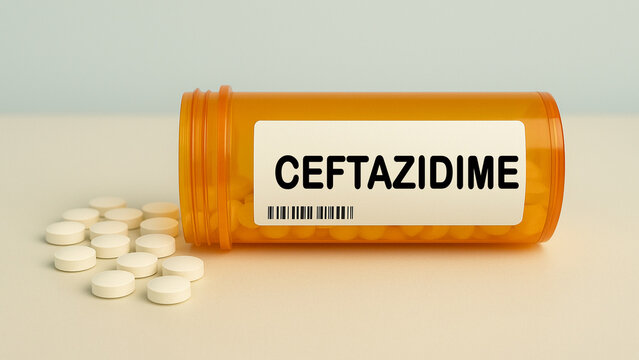 Box of CEFTAZIDIME tablets on a hospital pharmacy table used to treat bacterial infections a cephalosporin antibiotic.