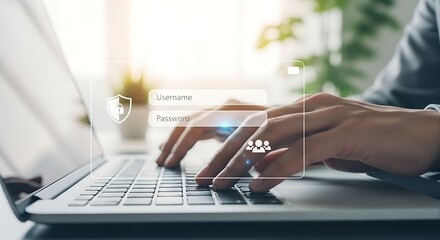 Person logging into laptop with username and password fields
