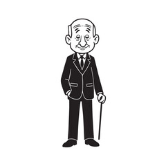 Old man with formal suit black and white vector illustration for classic portrait artwork design
