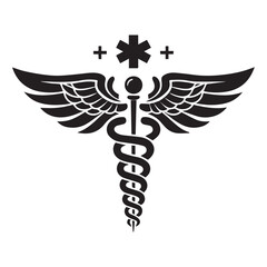 Caduceus Medical Symbol with Wings and Star of Life and Cross Icons on White Background healthcare