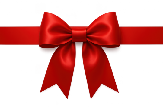 Elegant red satin ribbon bow isolated on transparent background, festive design