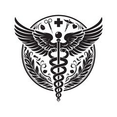 Caduceus symbol with medical instruments and wings in a circular emblem medical symbol healthcare