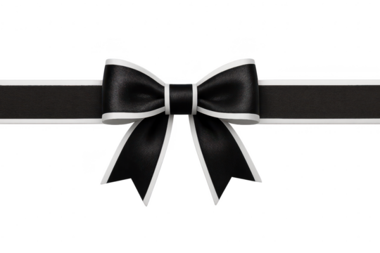 Elegant black and white ribbon isolated on transparent background, festive