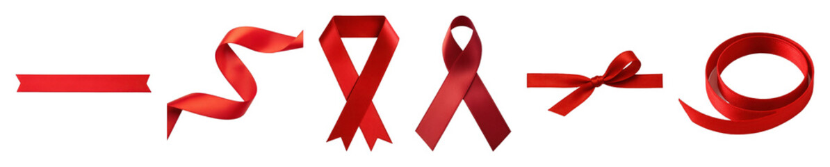 Red ribbon set including various shapes like straight, curled, tied, and looped isolated. Festive decoration and awareness collection.