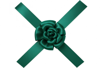 Elegant emerald green ribbon bow isolated on transparent background, satin silk