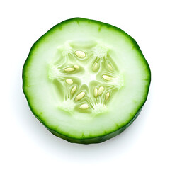 Cross-section of a cucumber slice showing seeds and internal structure on a white background