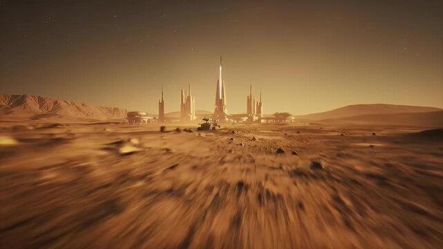Exploration vehicle traversing the rugged terrain of Mars towards futuristic research outpost in a