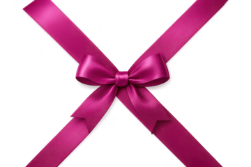 Elegant pink ribbon bow isolated on transparent background, cross shape, festive