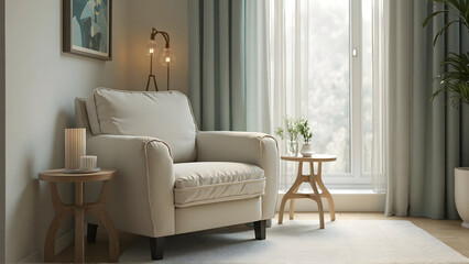 Comfortable armchair with white chest of drawers and floor lamp near grey wall in living room comfortable, lamp, armchair, floor, chest, drawer