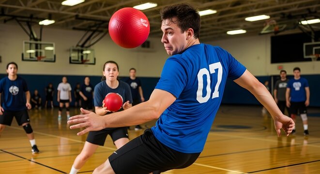 Dodgeball Game Action, Players Compete, Gymnasium, Sports Photography, Indoor Setting, Dynamic View, Team Spirit and Competition