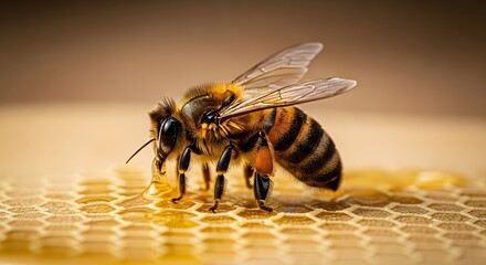 Bee Collecting Honey, Close-Up Shot, Natural Environment, Macro Photography, Insect Behavior, Honeycomb Texture