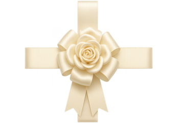 Elegant ivory ribbon bow with floral design isolated on transparent backdrop