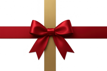 Elegant red bow with gold ribbon isolated on transparent background, gift wrap