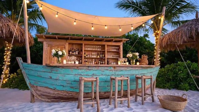 A rustic bar shaped like a boat is set up on a sandy beach, illuminated by string lights and offering an inviting atmosphere. The setup includes seating and a bar area.
