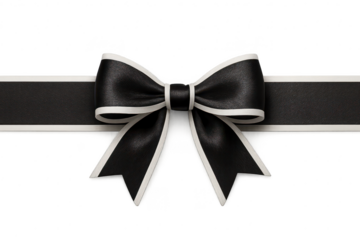 Elegant black ribbon bow with white trim isolated on transparent background