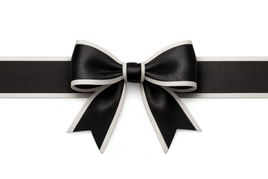 Elegant black ribbon bow with white trim isolated on transparent background - Powered by Adobe