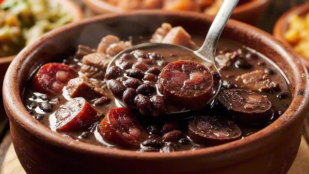 A delicious Brazilian feijoada stew, a culinary delight with sausage in the stew