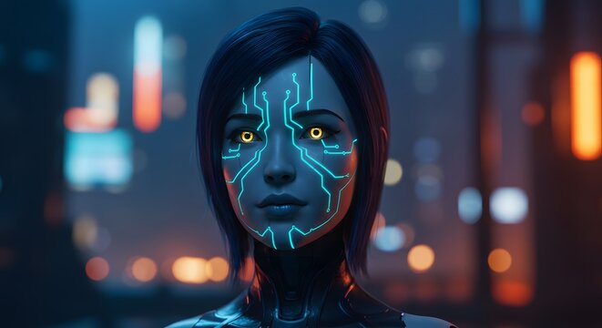 Enigmatic cybernetic woman with glowing circuits on her face, gazing intensely against a blurred neon cityscape, symbolizing advanced artificial intelligence in a digital urban future