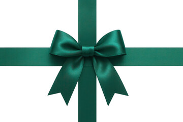 Elegant emerald green ribbon bow isolated on transparent background, festive